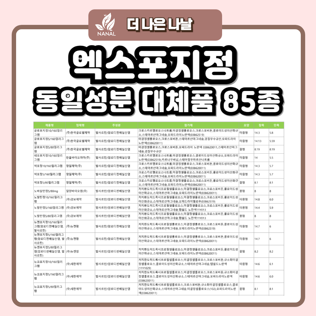 엑스포지정 동일성분 대체품 85종